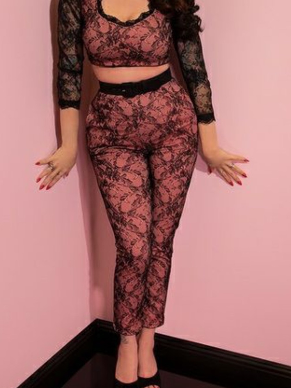 Vixen by Micheline Pitt Pink and Black Lace Cigarette Trousers